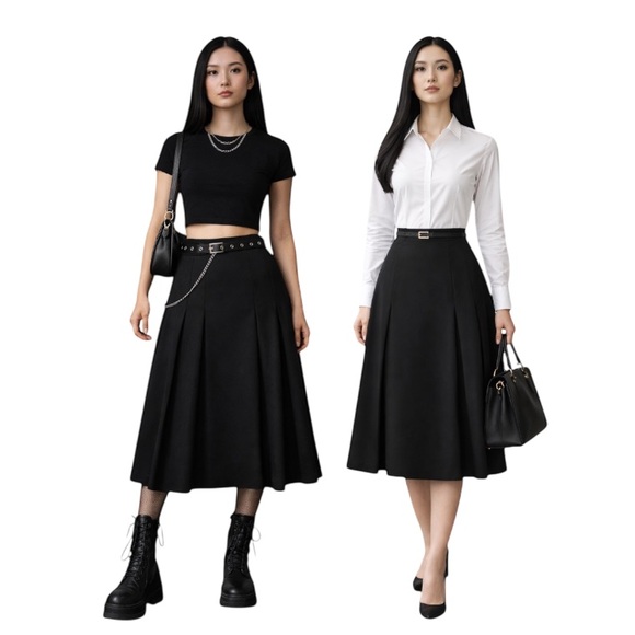 Vtg Harve Benard Classic Black Pleated Wool Midi Skirt - Hong Kong - Women’s 4 - Picture 1 of 10